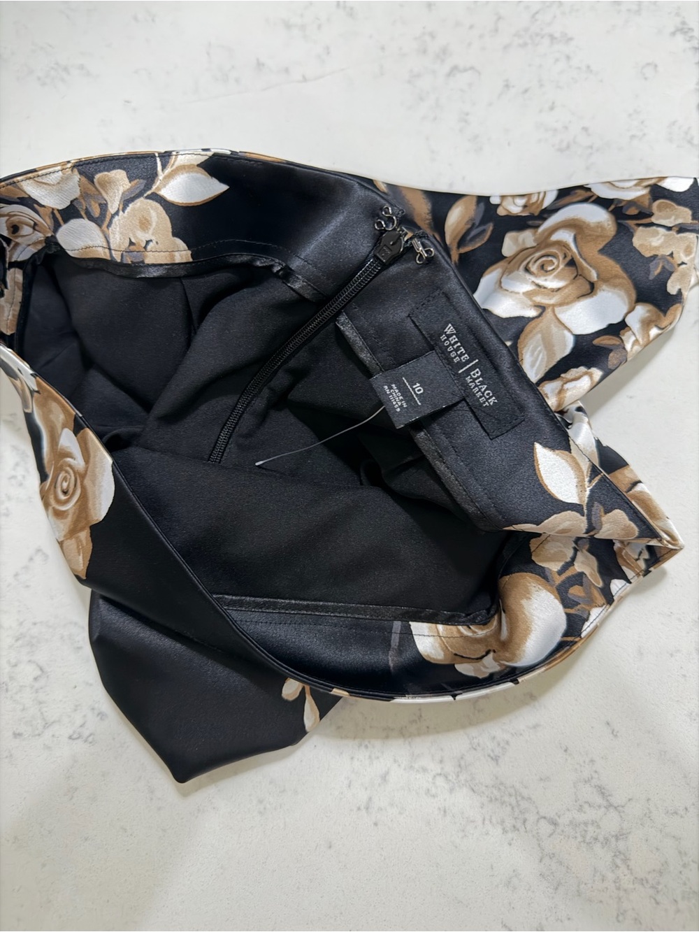 White House Black Market Black Satin Mini Skirt with Beige Floral Print - Picture 10 of 16